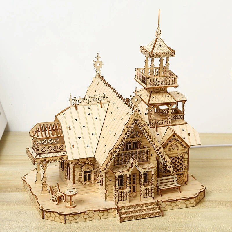 Ahşap 3D Kale Maketi Işıkla Parlayan El İşi Oyuncak Çocuklar İçin Eğitici Hobi Hediyesi PT-045